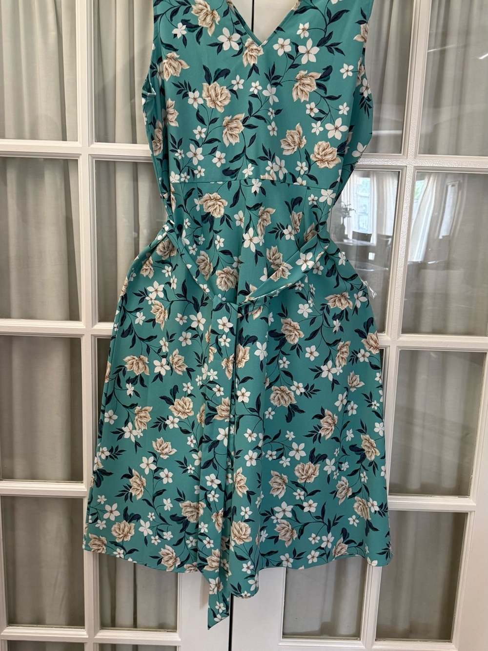 Ann Taylor Floral Teal, White, and Ivory Midi Dress